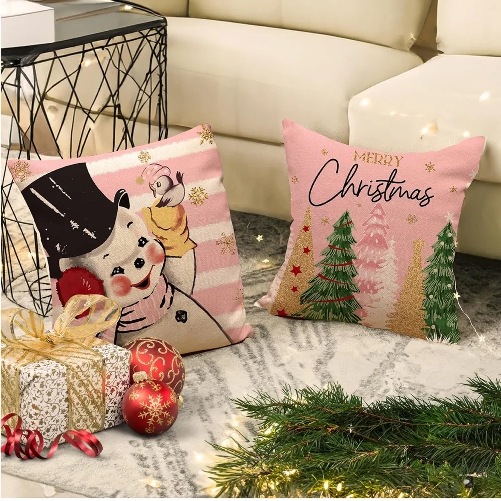 🎄💖 NEW Christmas Pillow Covers Set of 4 Pink Cute Farmhouse Shabby Chic Xmas
